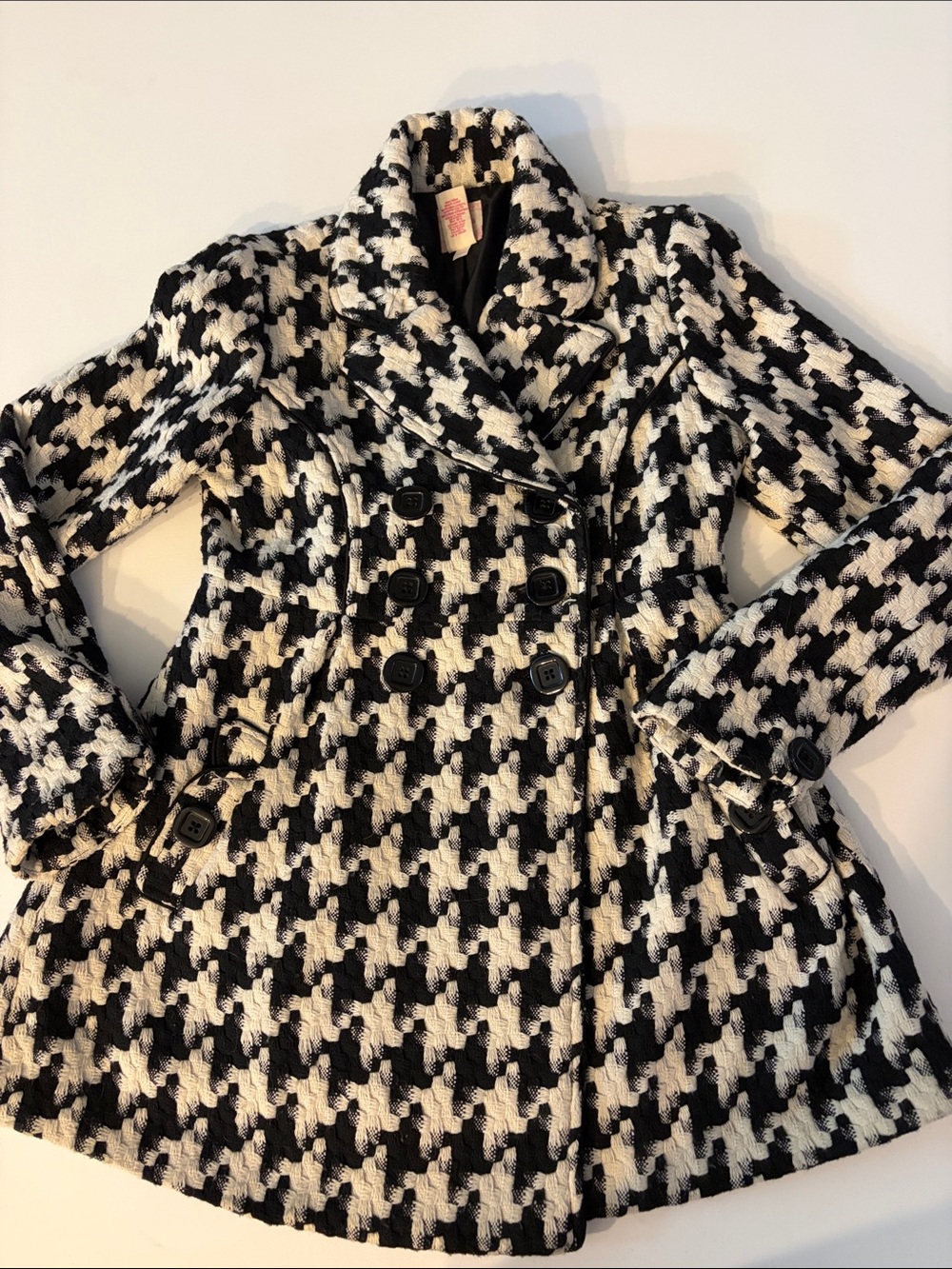 CANDIE’S WOMENS MEDIUM HOUNDSTOOTH WOOL BLEND FIT & FLARE PEACOAT